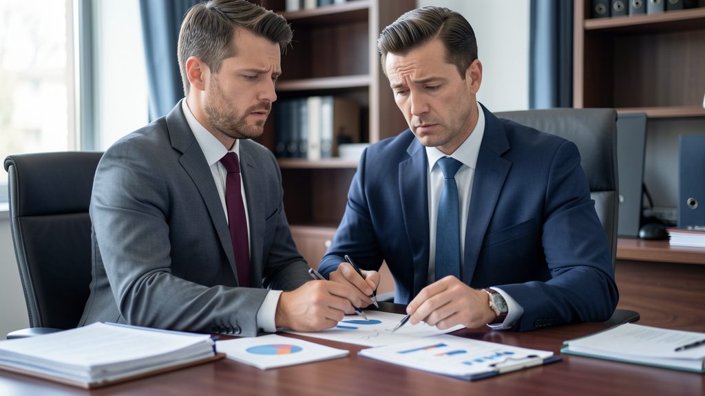 Homme d'affaires consultant des documents financiers - perte de gains professionnels