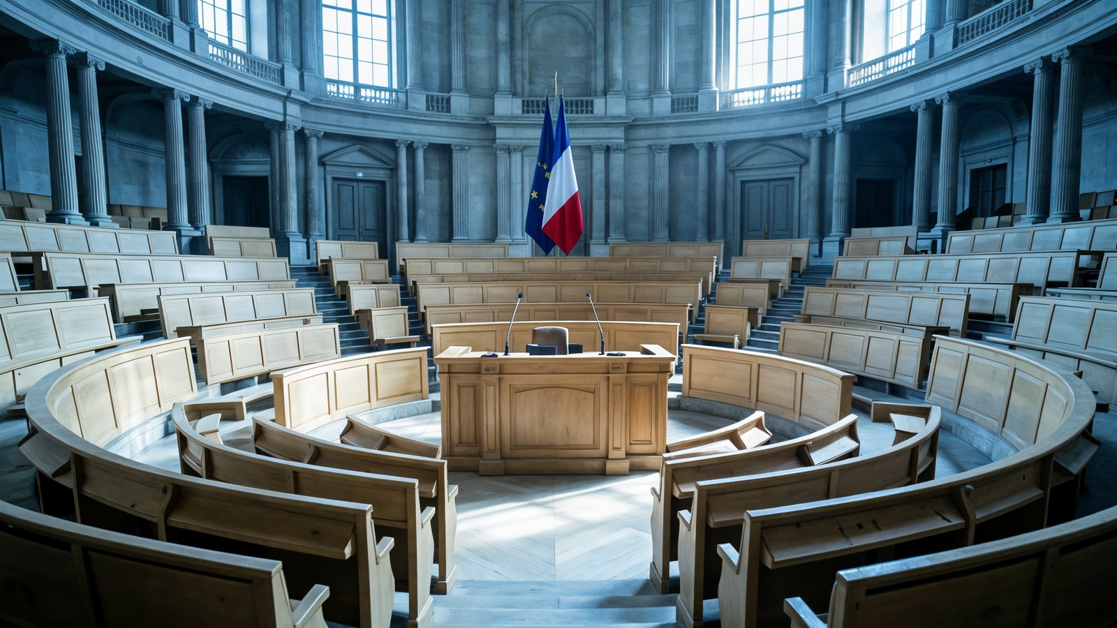 Hémicycle de l'Assemblée nationale, bancs de bois, pupitre et drapeau tricolore